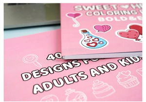 Detailed view of pink heart-themed coloring book with 40 designs for adults and kids