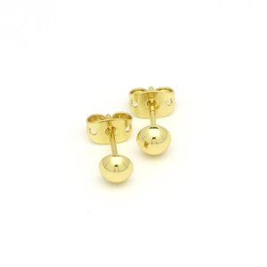 Detailed view of polished 18k gold plated round bead stud earrings with butterfly backs