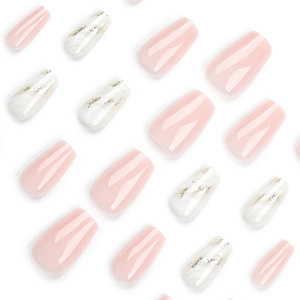 Pink and white marble ballet style press-on nails with golden glitter and glossy finish