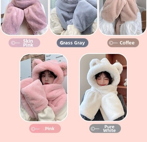 Detail view of thickened 3-in-1 plush hooded scarf with ears and gloves in multiple colors