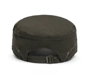 Rear view of olive cadet cap showing adjustable strap and metallic buckle detail