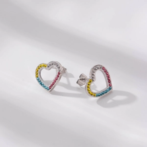 Hollow heart stud earrings in stainless steel with multi-color zircon stones for women