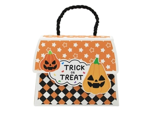 Close-up of Halloween trick or treat candy boxes with orange pumpkin and black rope handle