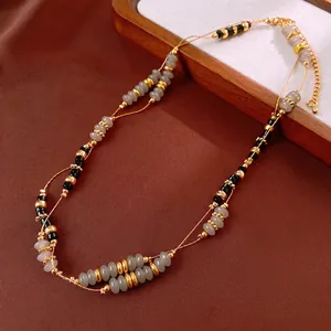 Chic double-layer agate beaded necklace with vintage luxury style and adjustable gold chain