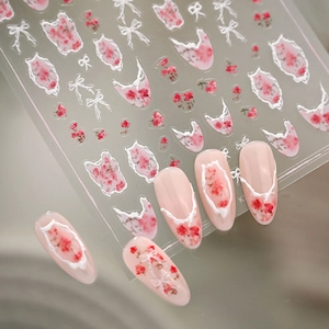 French floral nail stickers with pink roses, white lace borders and cute bow designs