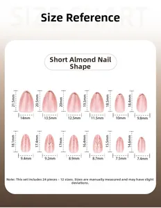 Guide des tailles pour faux ongles amande courte avec mesures pour 24 pièces en 12 tailles
