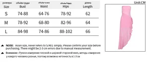 Detailed size chart for pink ruffled tube dress with bust, waist, and hip measurements