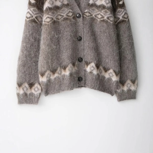 Vintage jacquard knit cardigan with geometric patterns and fuzzy mohair texture