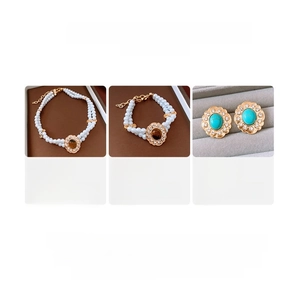 Tabella dettagliata di dimensioni e materiali per set di gioielli vintage con perle