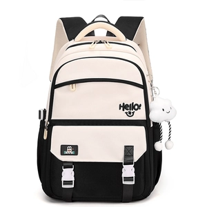 Minimalist black and beige large school backpack with a cloud pendant and Hello text