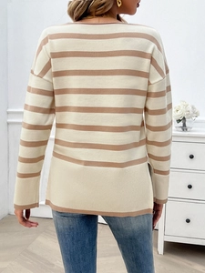 Back view of a striped beige and camel sweater with ribbed hem and cuffs for women