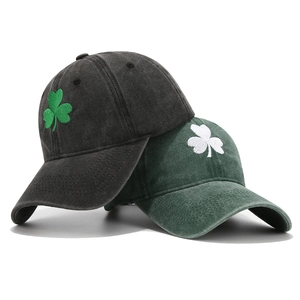 Vintage washed cotton St. Patrick's Day baseball caps with shamrock clover embroidery