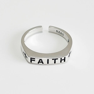 Minimalist S925 sterling silver open ring with FAITH engraving and cross design