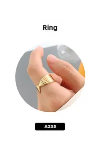 Detailed close-up of a twisted gold ring with textured grooves on a finger