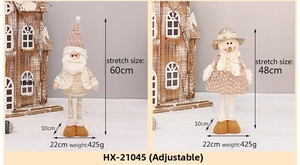 Detail showing height comparison of telescopic Santa and Snowman plush holiday dolls