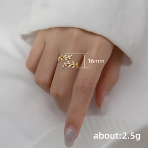 Gold leaf open ring with small crystals, 16mm width and 2.5g weight, adjustable for women