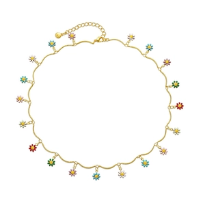 Gold chain necklace with colorful enamel daisy pendants arranged in a circular display