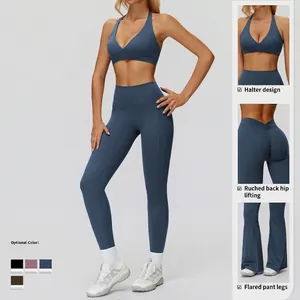 Set yoga blu navy con top a scollo all'americana e pantaloni a zampa a vita alta arricciati