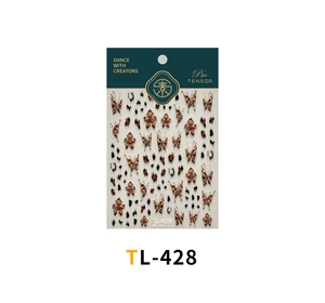 Macro detail of TL-428 leopard print butterfly nail art stickers with packaging