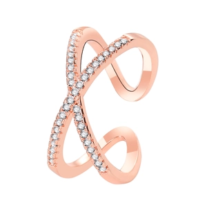 Rose gold criss cross open ring featuring double rows of sparkling cubic zirconia