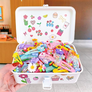 Colorful kids hair clips set with cute animal and flower designs in a portable storage box