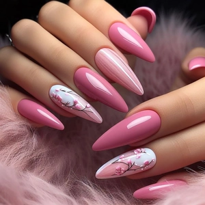 Pink almond press-on nails with glossy finish and delicate hand-painted floral designs
