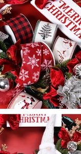Close-up of Christmas wired ribbons with snowflake patterns and festive gnome decorations