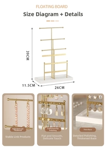 Detailed view of 6-tier gold jewelry stand with dimensions 39cm height and white base