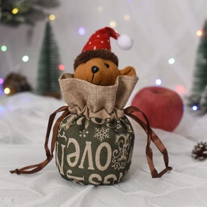 Christmas drawstring gift bag with plush bear head and LOVE print in dark green burlap