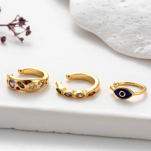Three-piece gold-plated snake cuff set with colorful zircon and blue evil eye enamel charms