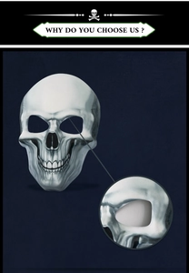 Detail shot of a white Halloween skeleton mask showing textured eye socket materials