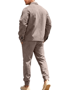 Back view of men's casual two-piece suit in beige faux suede with a sharp lapel jacket