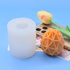 Detail of white silicone Easter egg mold with geometric hollow grid candle finished product