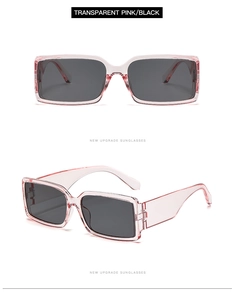 Detailed front and side view of transparent pink rectangular frame sunglasses with black lenses