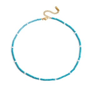 Classic 18K gold plated stainless steel necklace with blue turquoise and white pearls