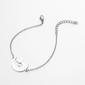 Minimalist silver stainless steel bracelet featuring a hollow moon and cat pendant design