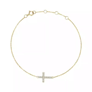 S925 sterling silver 18K gold cross bracelet with sparkling zircons on white background