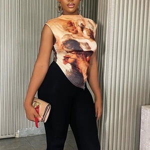 Renaissance angel oil painting print sleeveless slim fit top with mock neck for women