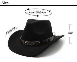 Size chart for wool felt western cowboy hat showing 57-58cm head circumference and 8cm brim