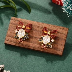 French style red bow pearl earrings with gold metal and crystals for Christmas