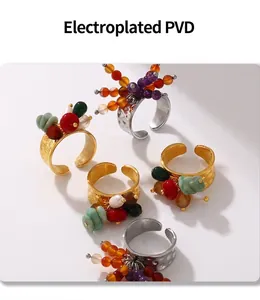 Set of 18k gold and silver plated open rings with colorful baroque crushed stones