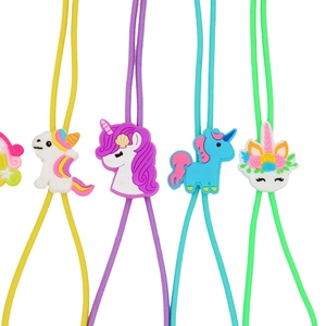 Detail of colorful cartoon unicorn silicone charms with matching elastic eyewear straps