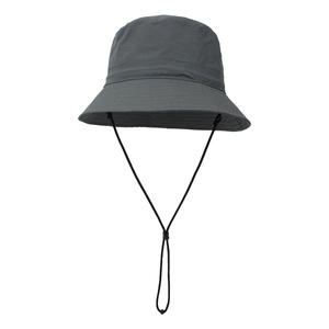 Detail of dark grey bucket hat featuring an adjustable windproof drawstring with toggle