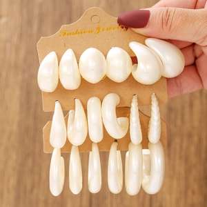 Set of 9 pearl white vintage earrings including teardrop and C-shape hoops for women