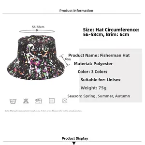Detailed size specifications for the polyester bucket hat with colorful ink splash pattern
