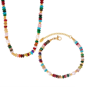 Bohemian jewelry set with freshwater pearls, colorful stones, and gold stainless steel