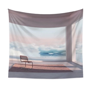 Detail of surrealist landscape tapestry with dreamy pink sky and calm ocean scenery
