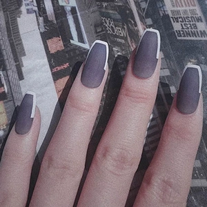 Matte Purple Press On Nails Long Coffin Shape With White Border French Style Artificial Fingernails Removable Waterproof