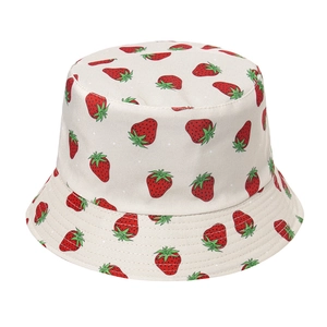 Detail of strawberry embroidery on a double-sided foldable cotton fisherman hat