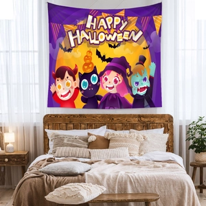 Detail of Happy Halloween wall tapestry featuring cartoon witch, pumpkin, and black cat motifs